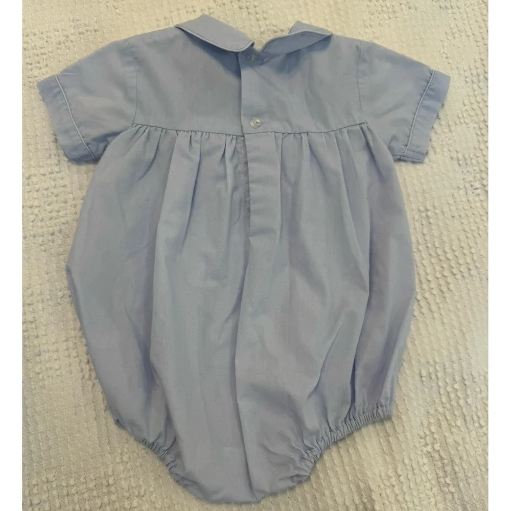 Carriage Boutiques Romper Bubble Light Blue White Collar Embroidered Cars 3 Mos
